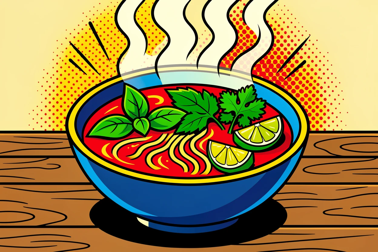A steaming bowl of pho with fresh herbs presented beautifully on a rustic wooden table