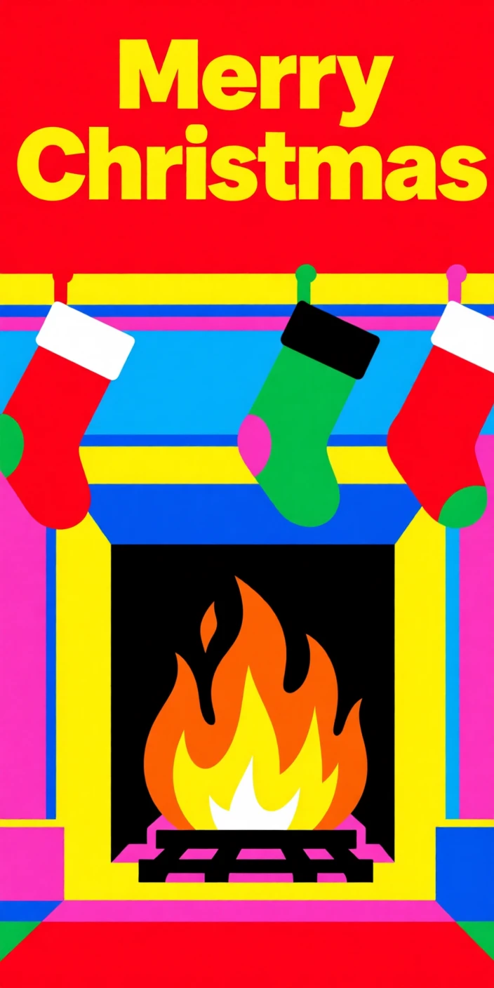 Christmas fireplace with stockings and a crackling fire