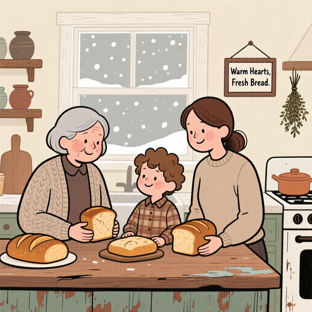 Three generations of a family gather around a worn kitchen counter in the farmhouse kitchen, sharing freshly baked bread and stories as snow falls softly beyond the window.