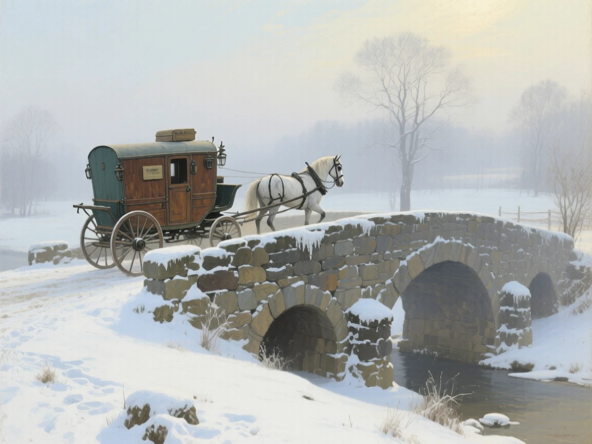 A well-framed scene of a rural mail carriage crossing a stone bridge in early morning fog, at midday, under a fresh blanket of winter snow.