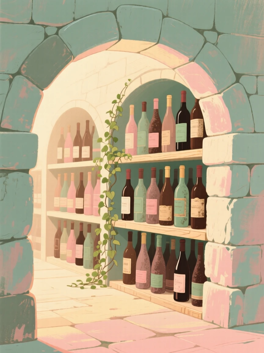A wine cellar lined with dusty bottles beneath a stone archway