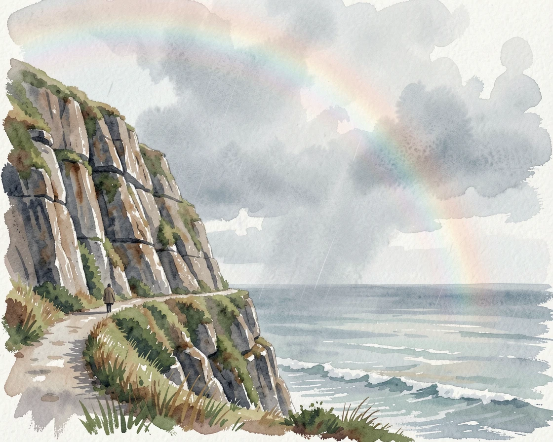 A dramatic sea cliff beneath a rainbow after rain with a lone traveler walking a distant trail.