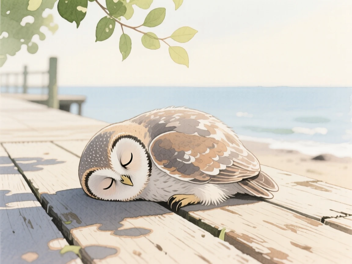 A baby owl naps curled up in a seaside boardwalk, while soft light filters through nearby leaves