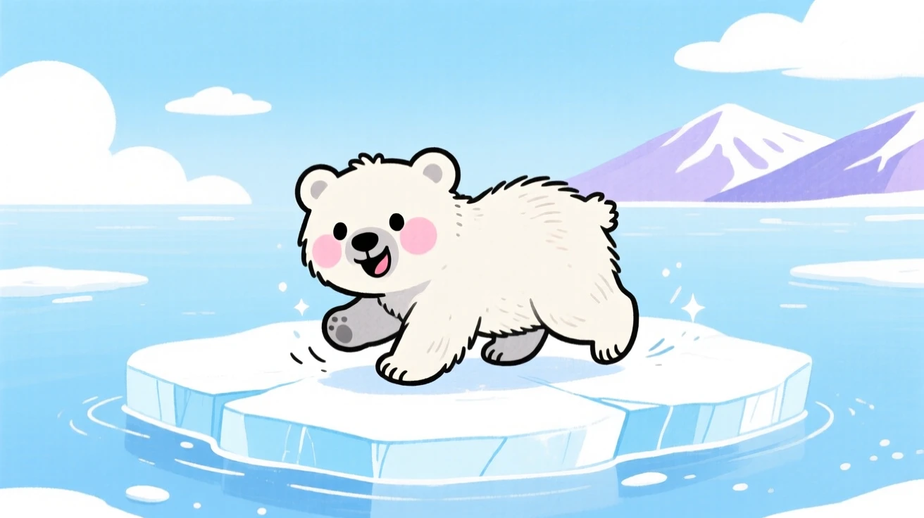 An exciting view of a polar bear cub playing on an ice floe.
