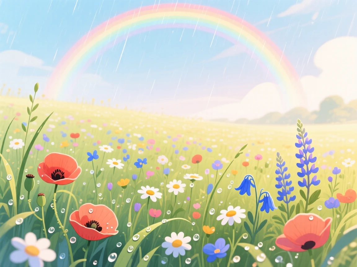 A wildflower meadow beneath a rainbow after a storm, with morning dew glistening on the grass, evoking peaceful serenity and awe.