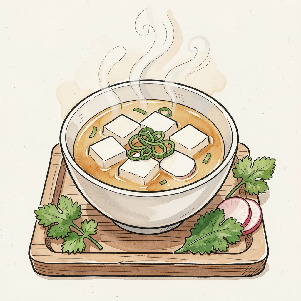 A steaming bowl of miso soup with tofu and scallions on a wooden tray, fresh herbs and garnishes scattered artfully around the dish.