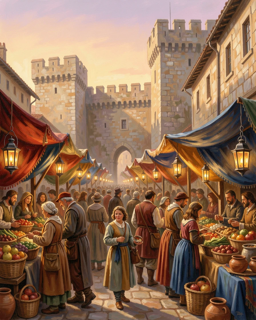 On a bright, bustling midday, a bustling medieval marketplace filled with merchants, beneath towering stone city walls, lanterns being lit one by one as the sun sets.