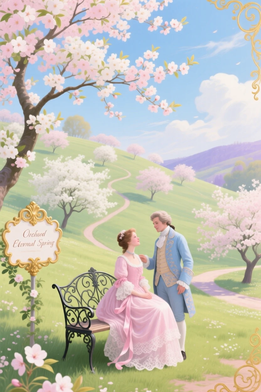 A spring orchard hillside covered in flowering cherry trees  
