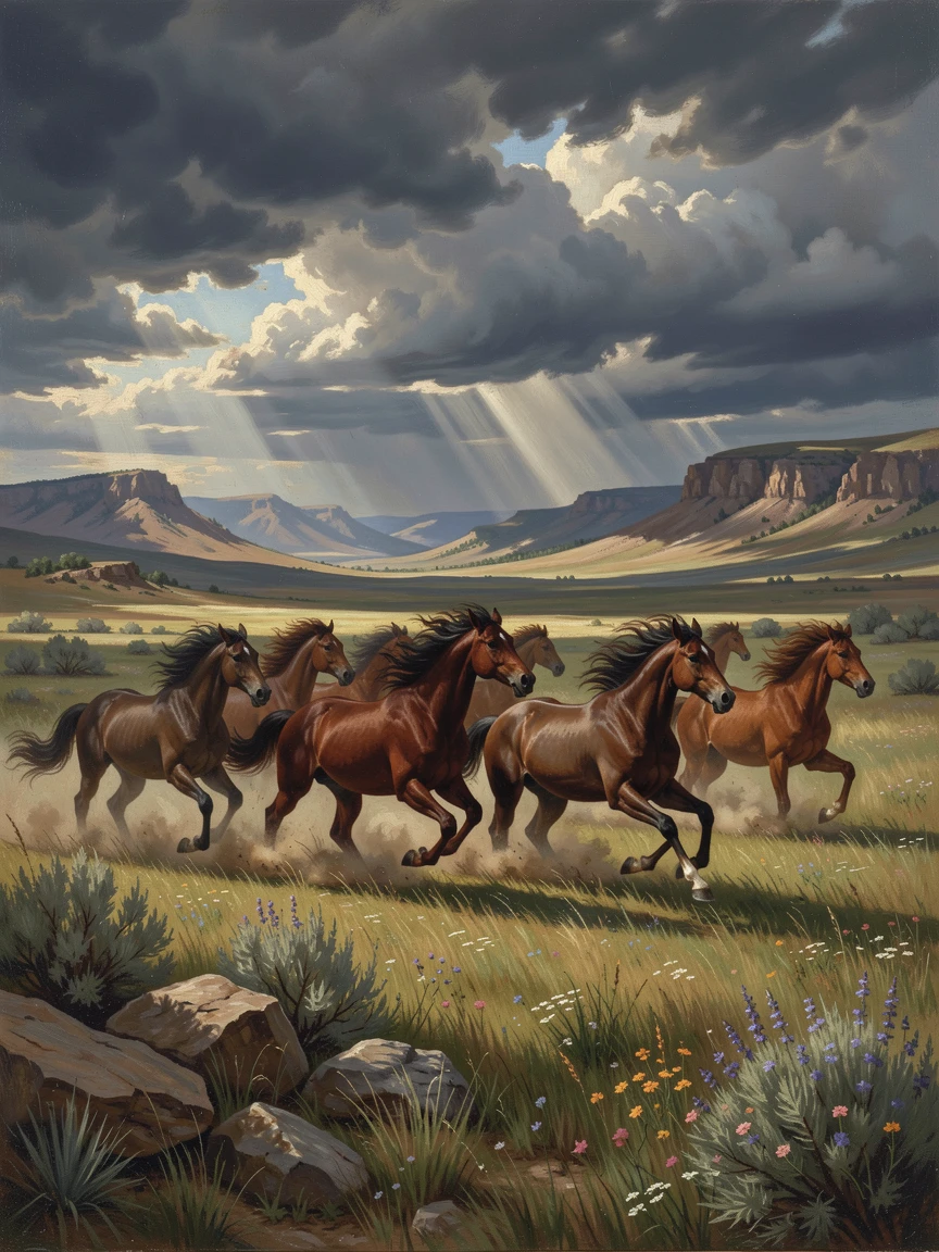 Wild mustangs race freely across an open prairie under storm clouds.
