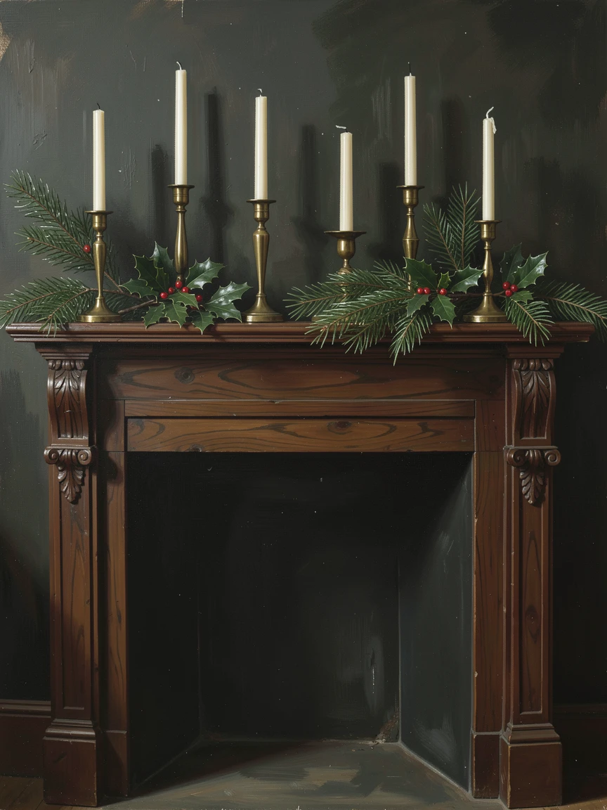 A grand fireplace mantle decorated with candles and fresh greenery, as reflections shimmer subtly across polished surfaces, offering a classic, gallery-worthy still life composition