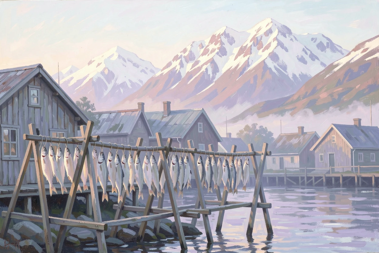 A quiet Nordic fishing village where drying racks of cod stand against a backdrop of snowy peaks, in the gentle hush of early morning.