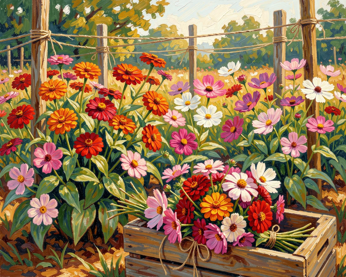 A cutting garden of zinnias and cosmos ready for a farmhouse table bouquet.