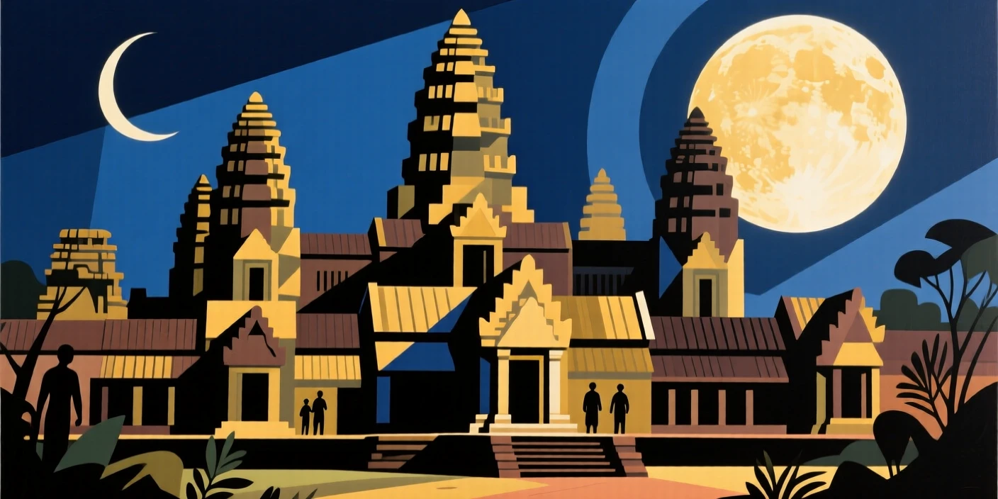 A breathtaking view of the temples of Angkor Wat, glowing softly under a full moon.