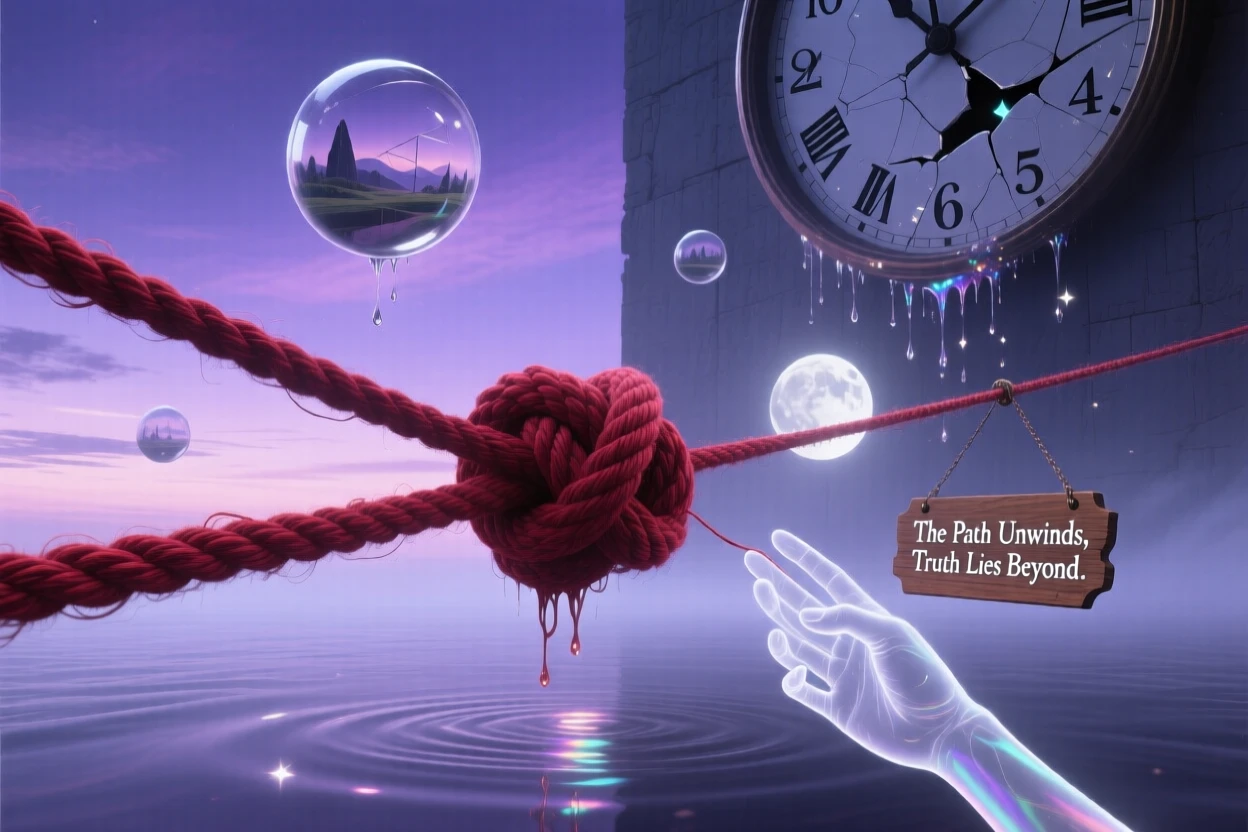 A tangled knot of red thread slowly unraveling into a straight line drifts slowly through a space with no clear boundary, while the surrounding space feels calm, still, and open.