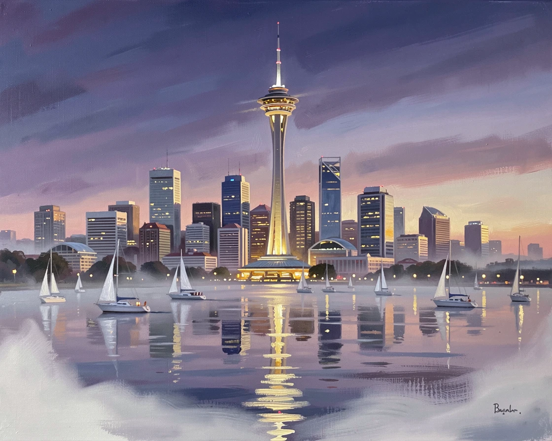 The Auckland skyline rises above the harbor at dusk, the Sky Tower illuminated as sailboats drift across the calm water below, the air carrying a faint mist that softens distant shapes without obscuring the overall view.