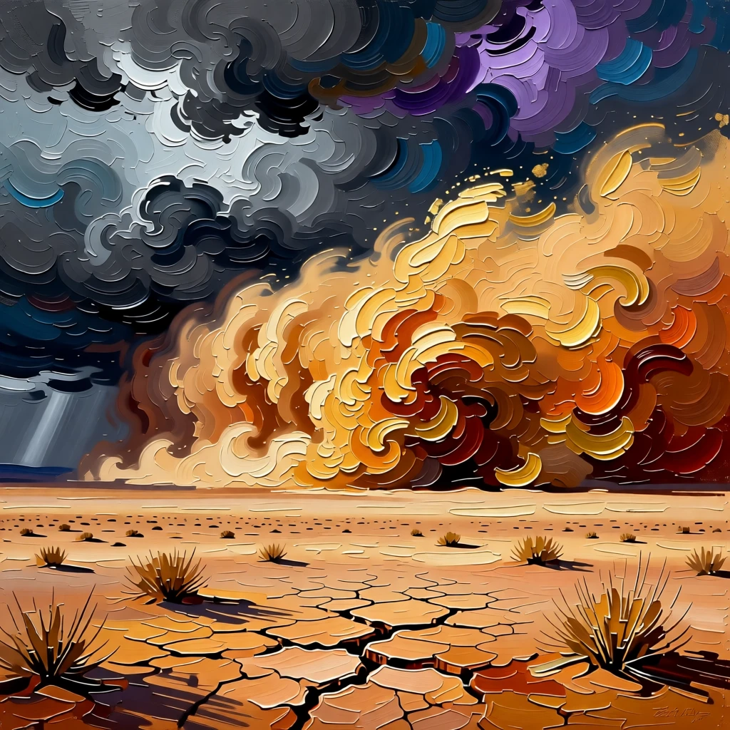 A wall of dust rolling across the desert ahead of an approaching sandstorm