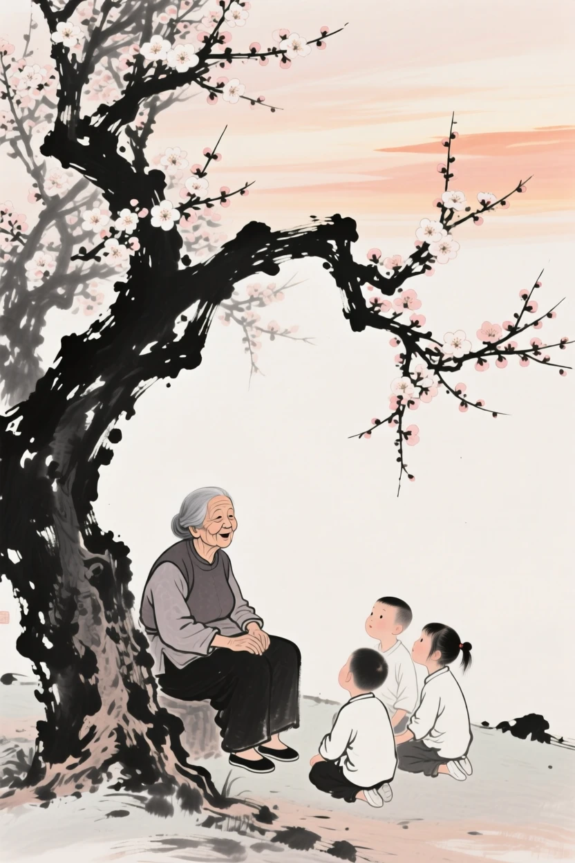 A grandmother tells a story to her grandchildren beneath a blossoming tree, beneath a sky tinged with the warm colors of evening.