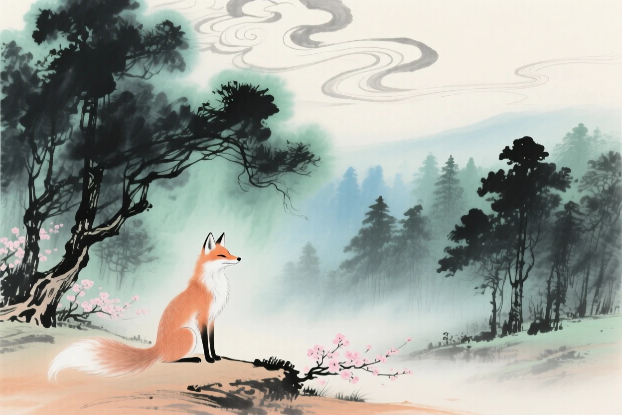 A spirit fox pausing at the edge of an enchanted misty forest, under drifting clouds, in a warm breeze carrying the scent of blossoms.