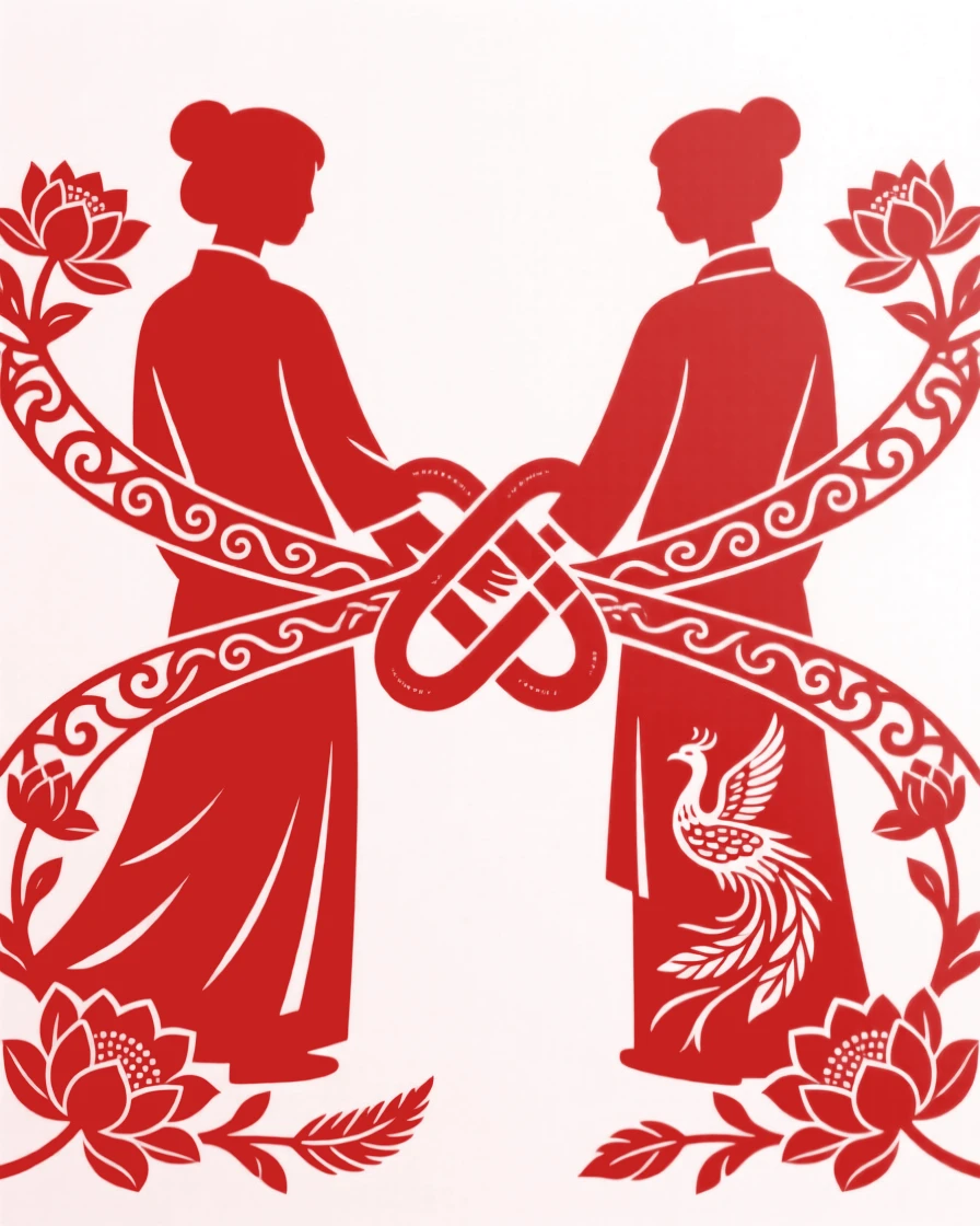 Two figures standing back to back holding a single red ribbon, forming the shape of an endless knot between them