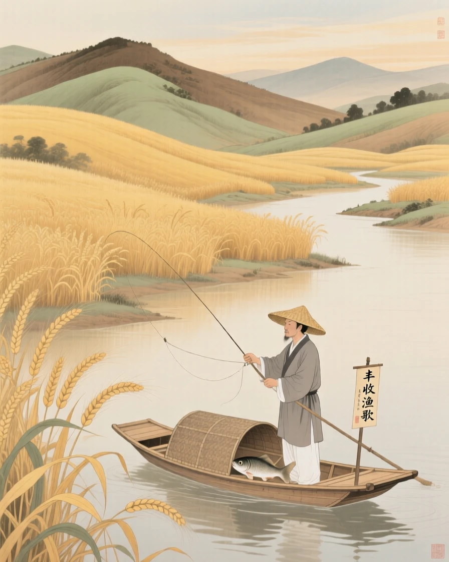 Rolling hills covered in golden wheat at harvest time, with a single fisherman casting a line from a small boat