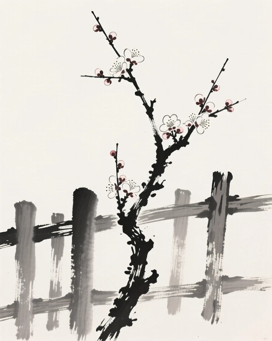 A single plum blossom branch beside a weathered wooden fence, composed with generous open space around it, evoking quiet elegance and simple grace.