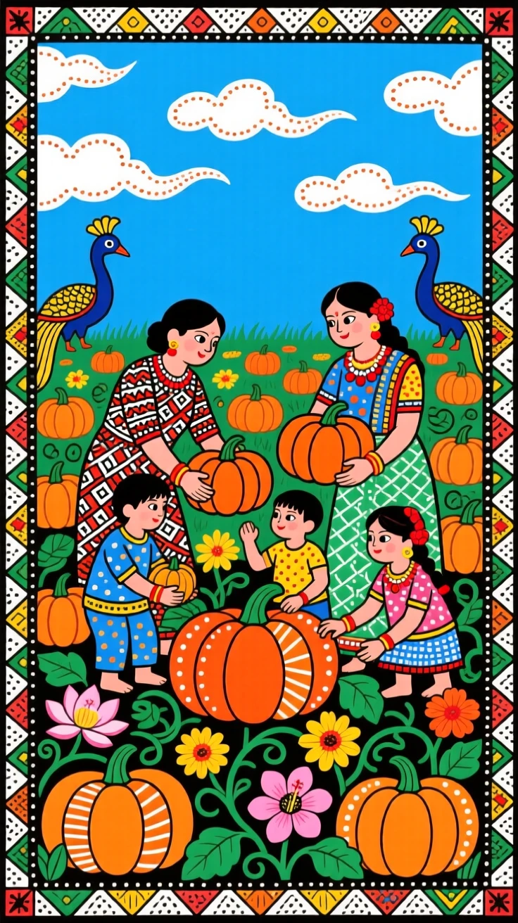A family gathering pumpkins in a field beneath a crisp blue sky.