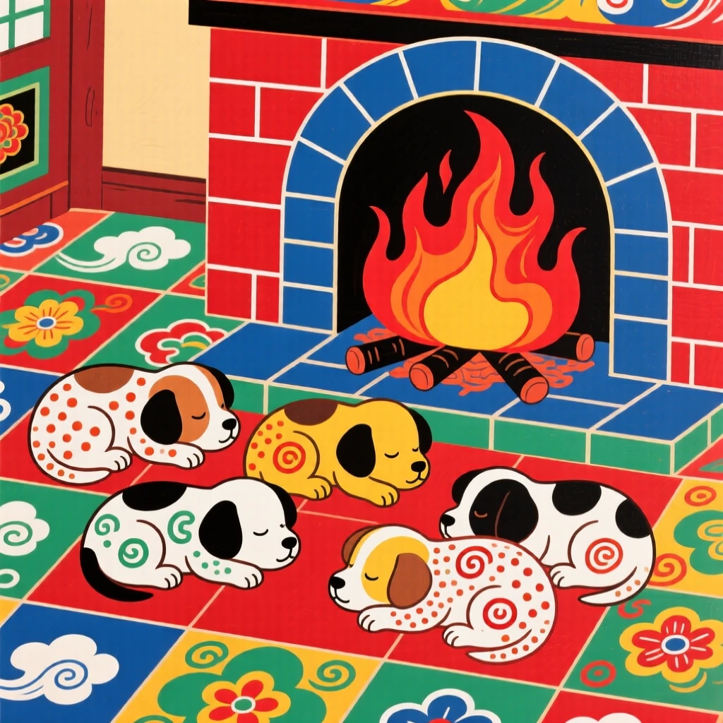 A litter of puppies resting beside a warm hearth.