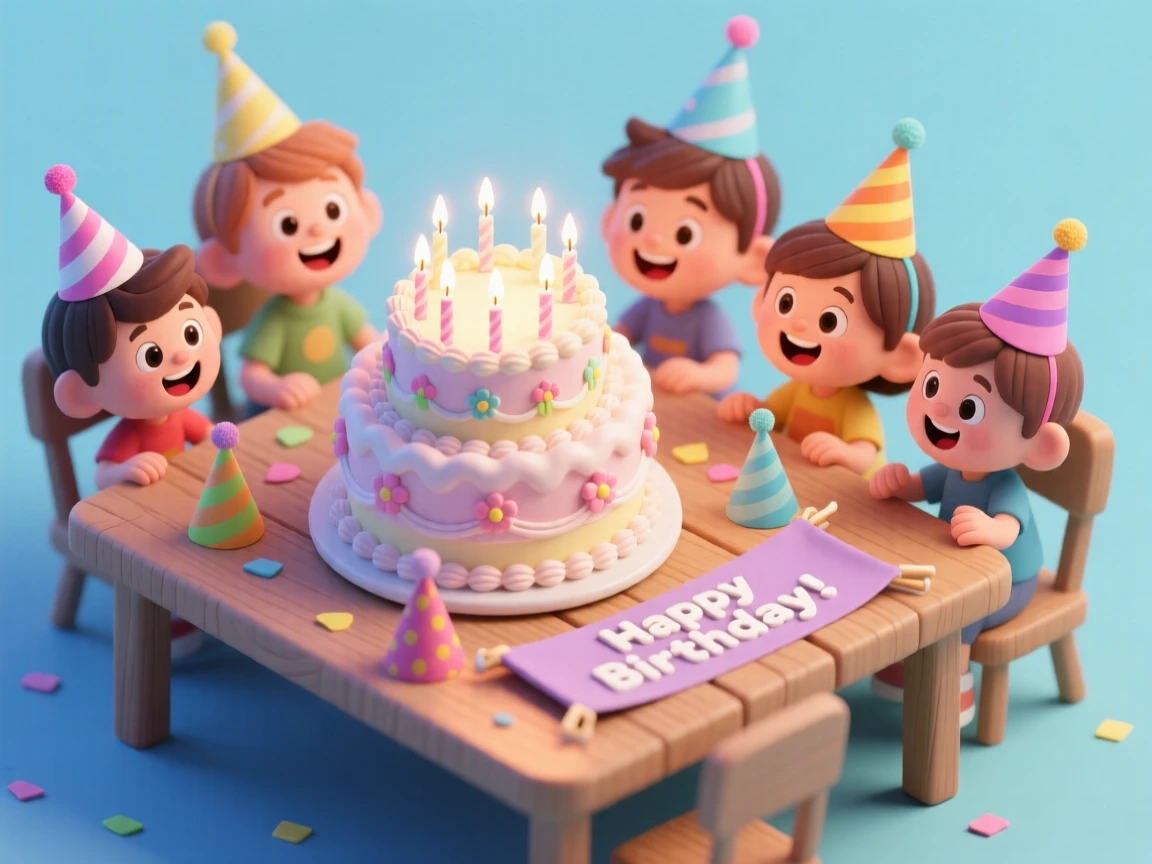 A birthday party scene with a towering cake, candles flickering, and party hats scattered across a table of excited children.
