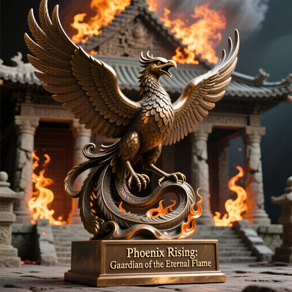 A phoenix circling above a burning temple, captured in a powerful, dynamic pose, radiating awe and grandeur