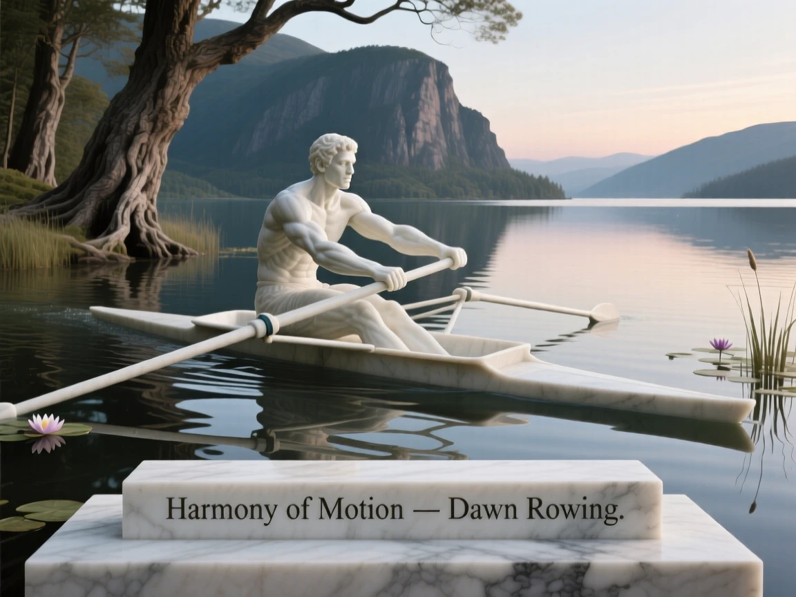 An evocative depiction of a rower gliding across a still lake at dawn, framed by dramatic natural scenery, balancing detail with emotional depth