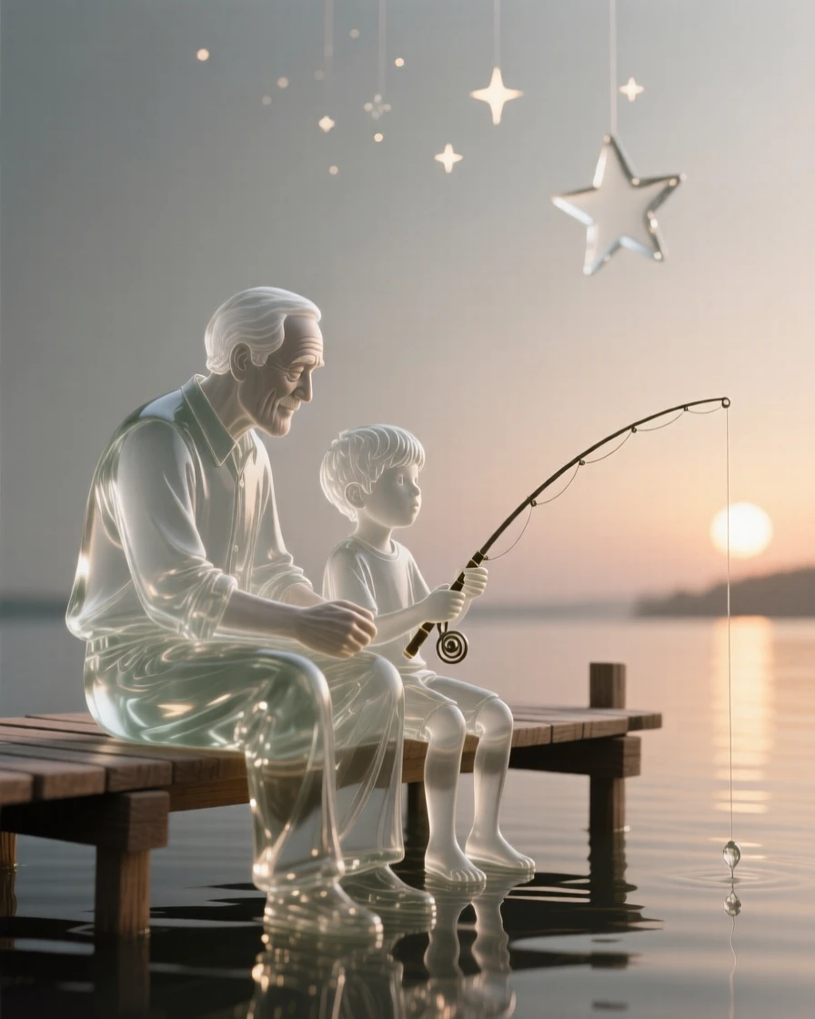 A grandfather teaching his grandson to fish at sunrise as the first stars begin to appear overhead, while their laughter carries softly on the breeze