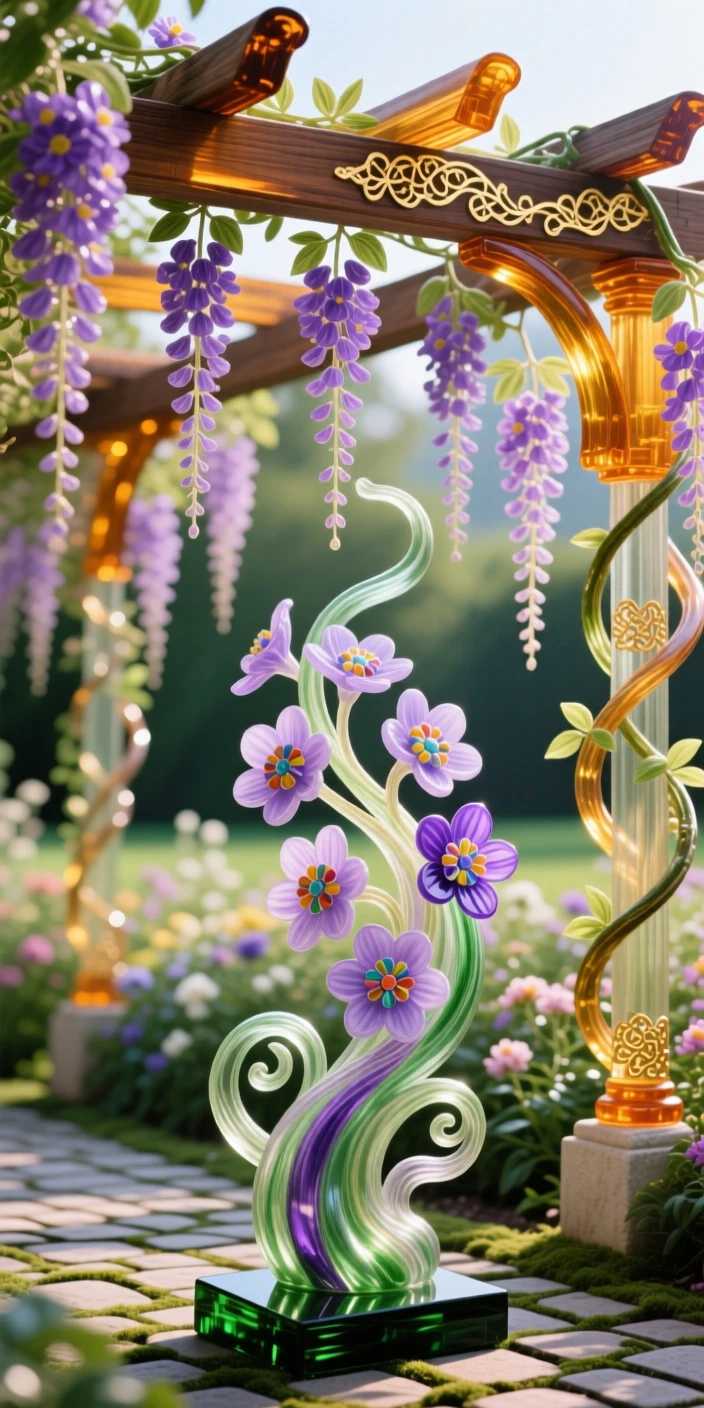 A field of blooming wisteria draping over a quiet garden pergola, romantic and dreamy.