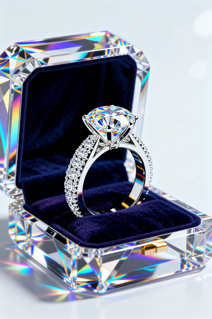 An elegant diamond engagement ring resting inside an open velvet box.