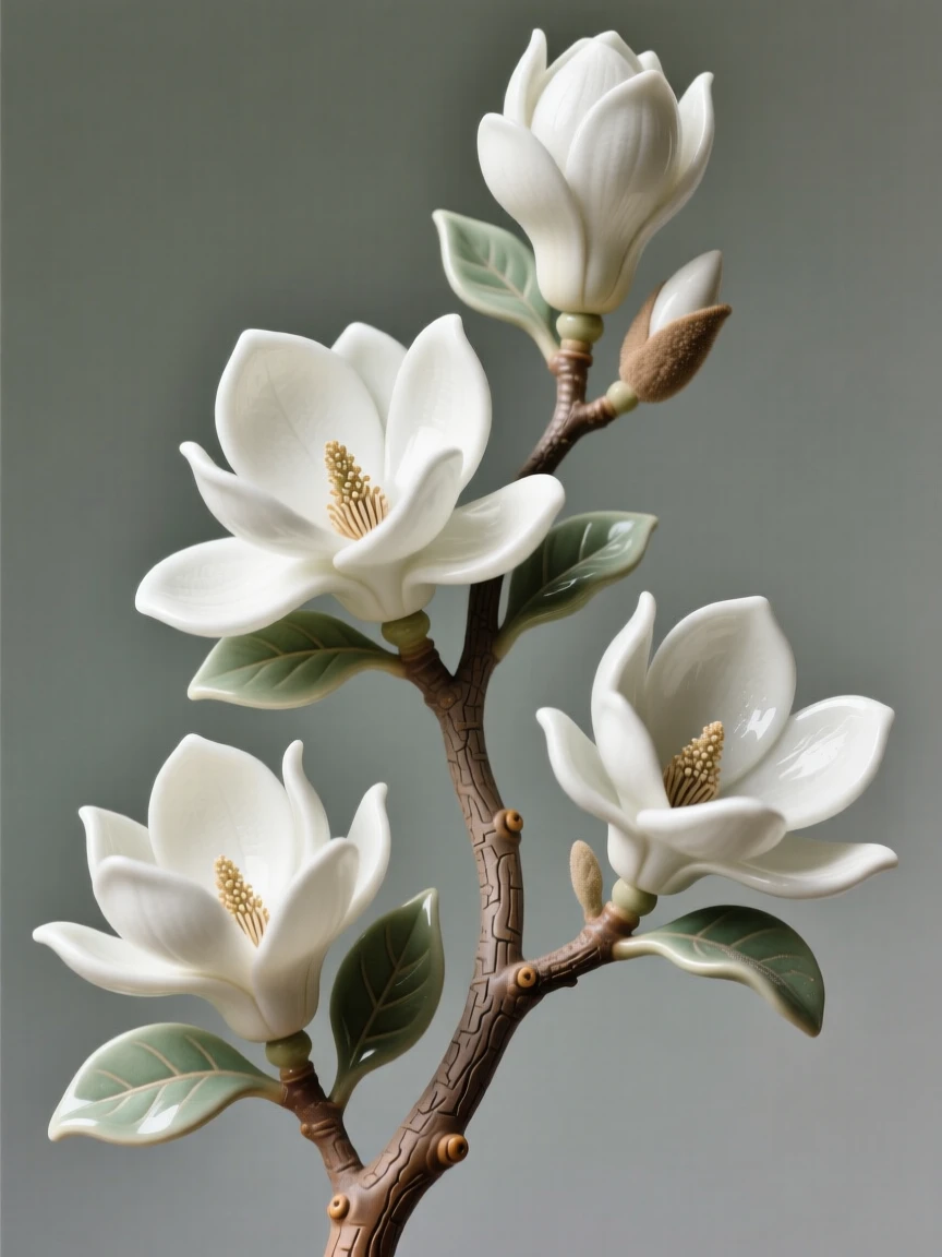 A blooming magnolia branch reaching skyward captured at the peak of full bloom, dusted with fine pollen, conveying the quiet poetry of the natural world.