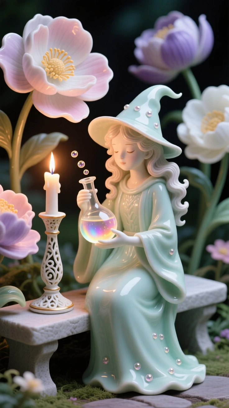 A whimsical scene of a young sorceress brewing a shimmering potion by candlelight in a garden of oversized flowers.