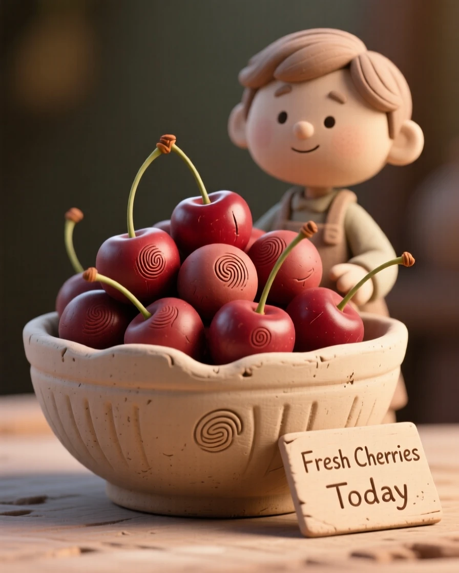 A bowl of fresh cherries piled high in a ceramic dish