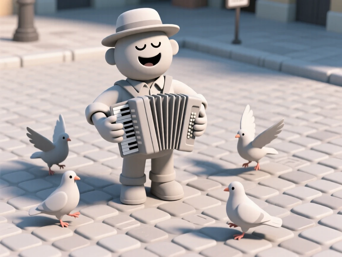 A cheerful accordion player fills a cobblestone plaza with lively music as pigeons scatter around dancing feet.