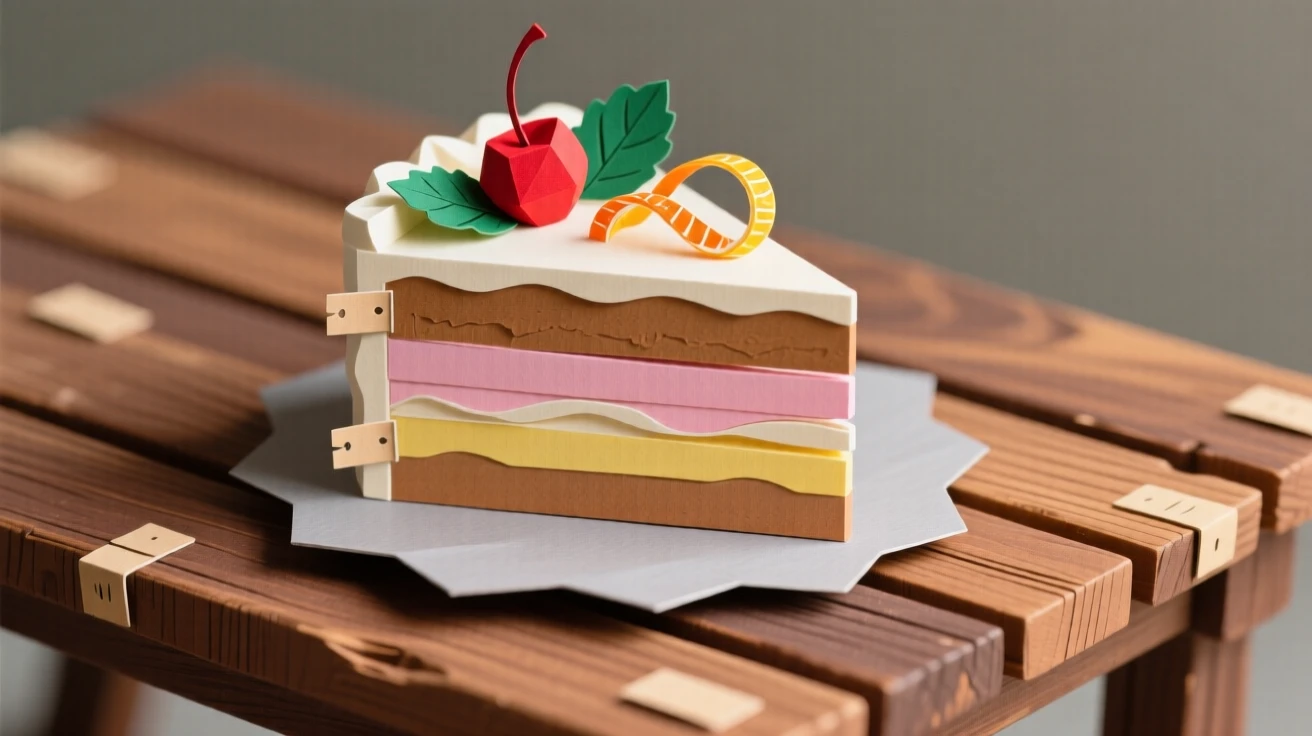 A decadent slice of layered cake set on a rustic wooden table, with vibrant garnishes adding a pop of color, capturing indulgence and warmth.