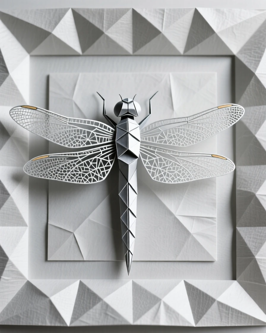 A stylized dragonfly with elaborate wing patterns centered in a symmetrical frame.