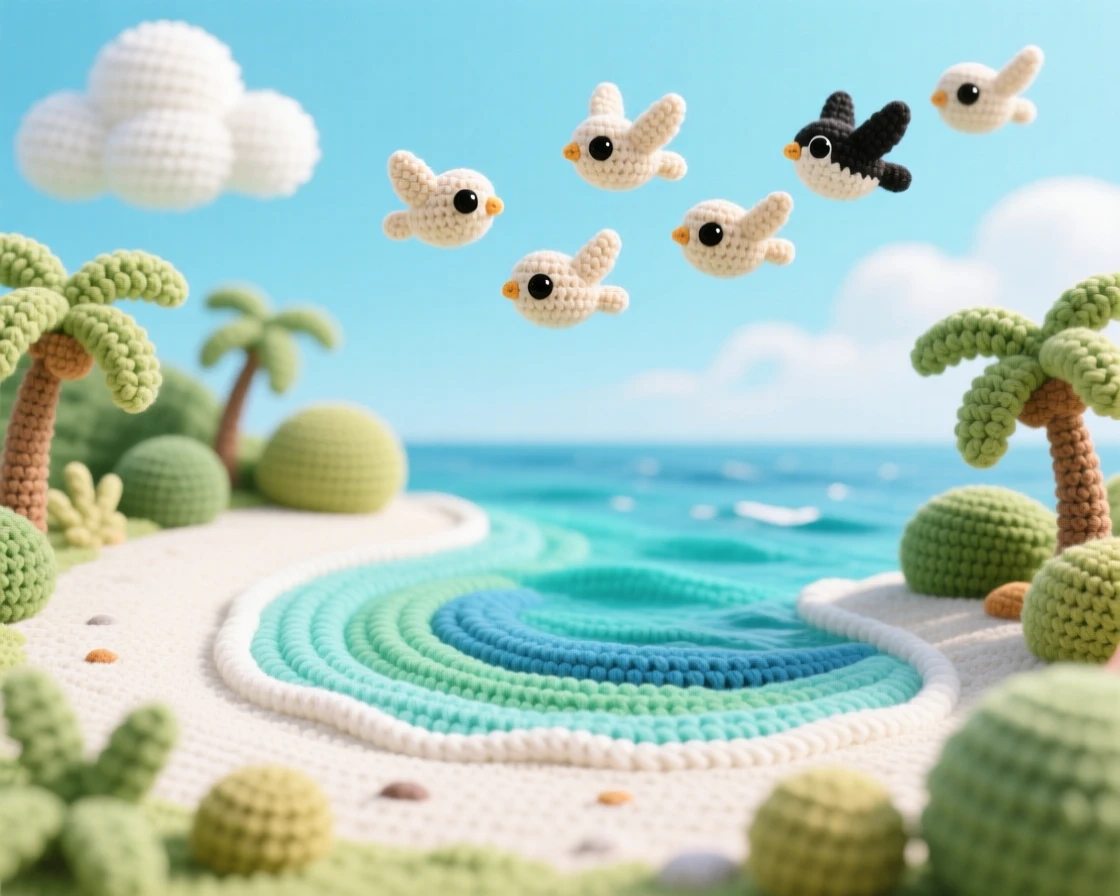 A picturesque scene featuring a small tropical cove, ringed by smooth white sand, glowing turquoise beneath a clear afternoon sky at the edge of a quiet, untouched wilderness, accompanied by a small flock of birds passing overhead, capturing calm, restorative stillness.