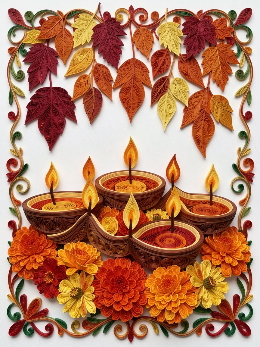 a Diwali display of glowing oil lamps and marigolds, beneath a canopy of falling autumn leaves, composed with a cozy, inviting central focal point, in classic holiday tones of red, green, and gold.