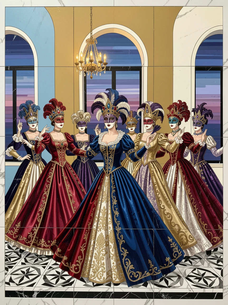 A vibrant, festive scene of a Venetian masquerade ball with dancers in ornate masks and gowns, rich in color and cultural detail.