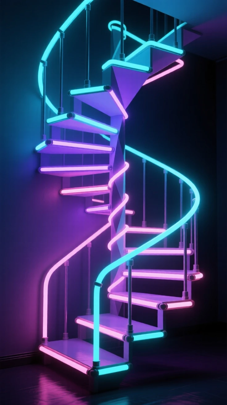 A spiral staircase built entirely from floating polygonal shapes.