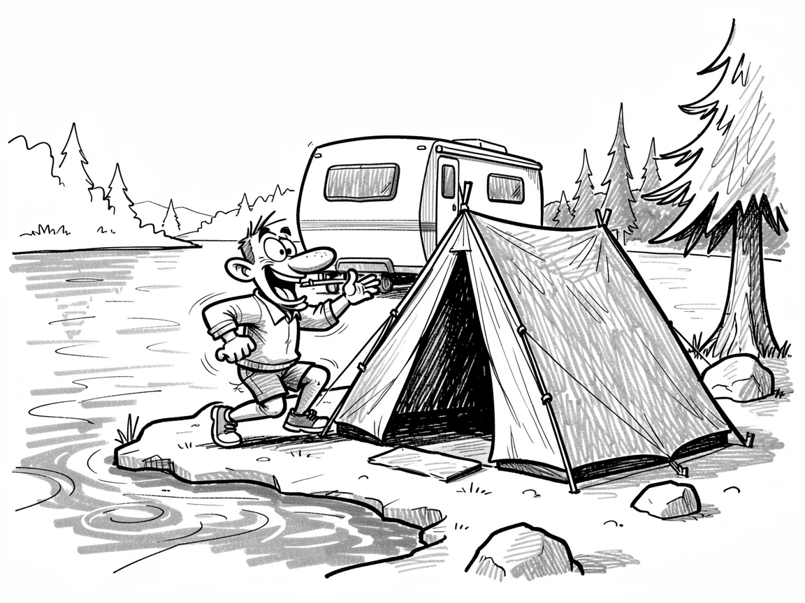 A camper setting up a tent beside a lake across a calm morning lake.