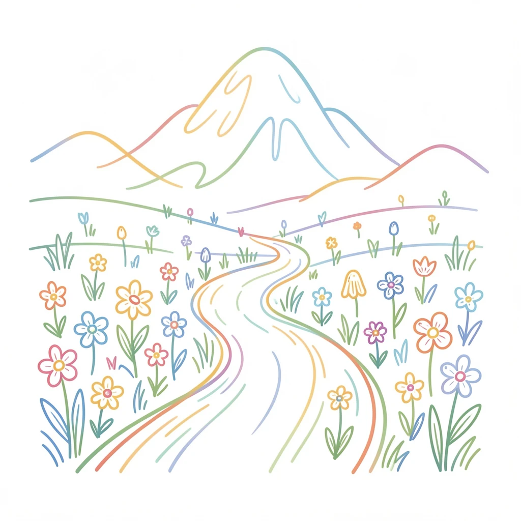 A quiet mountain trail winding through wildflowers toward a distant peak.