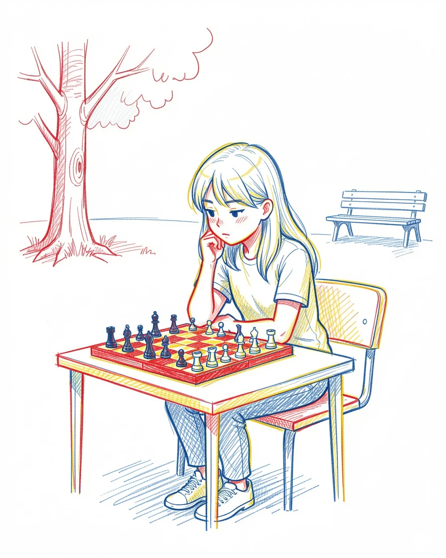 A young chess prodigy contemplating her next move in a park tournament