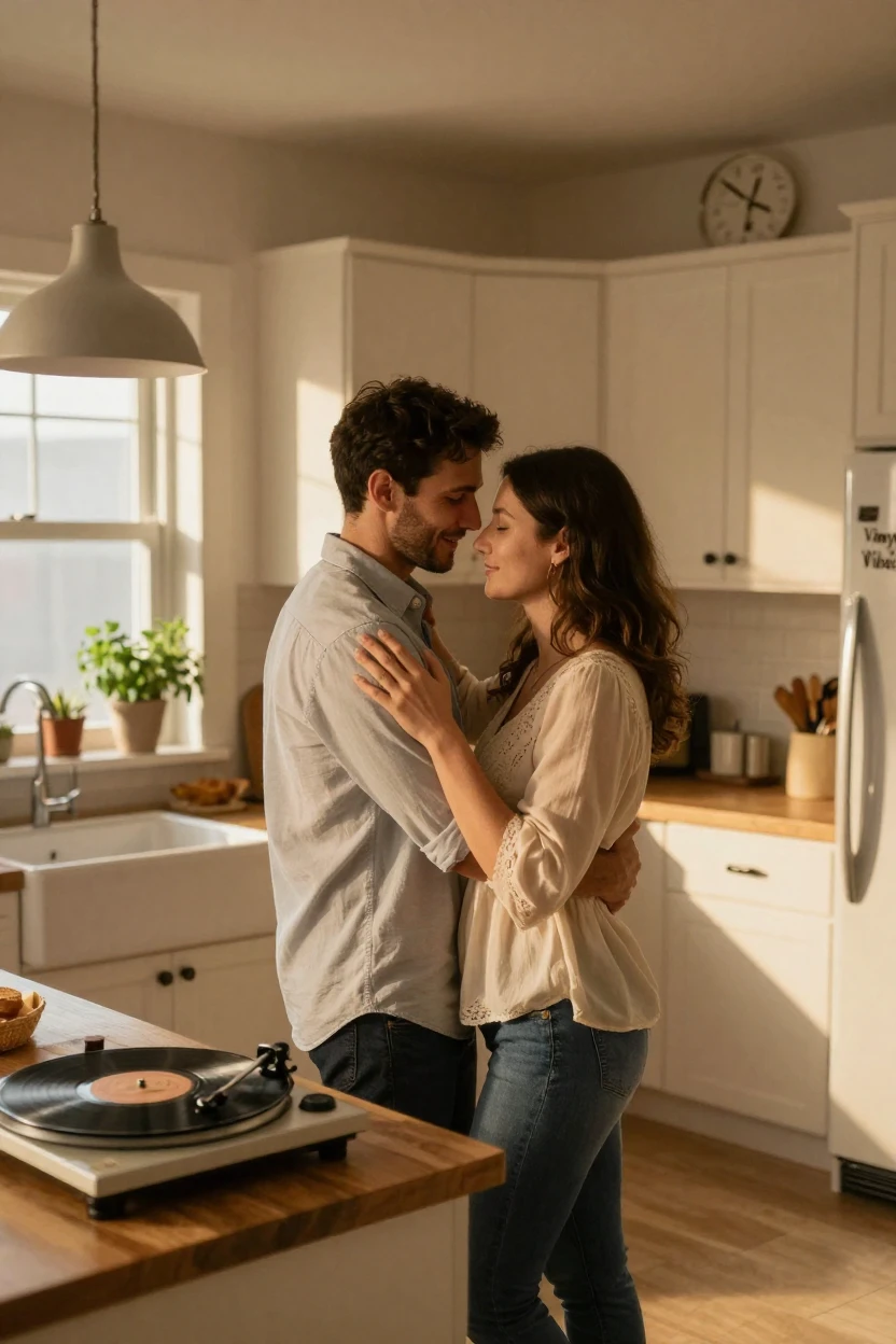 A couple slow dancing in their kitchen to old records