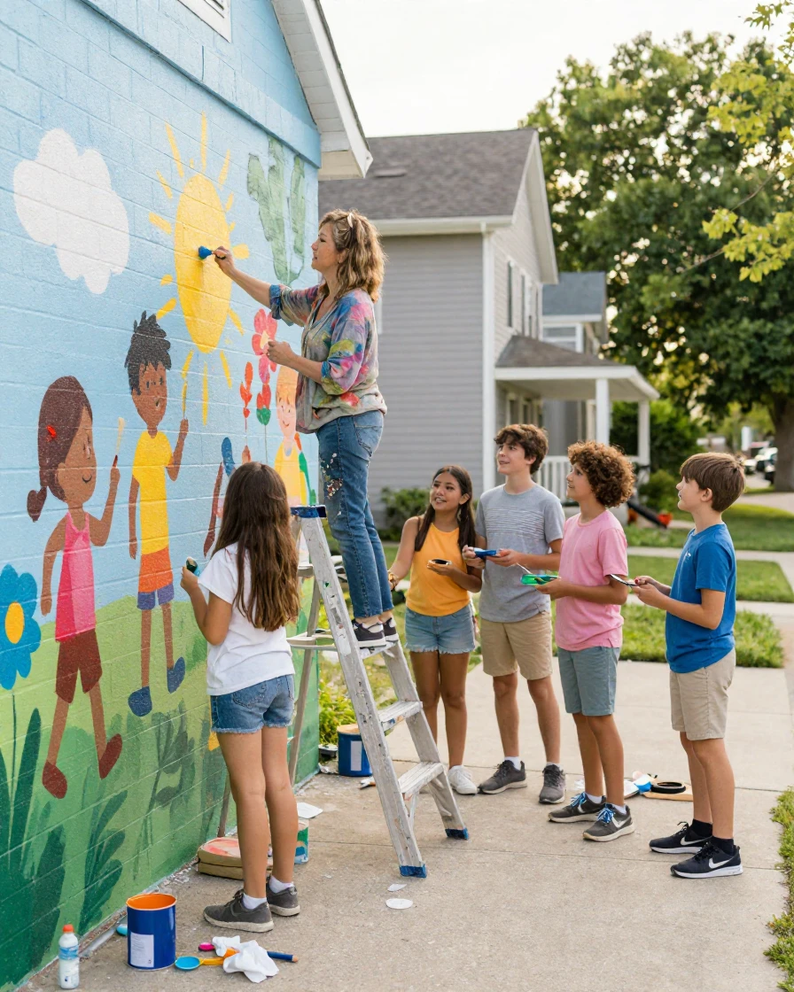 A muralist and a group of neighborhood kids paint a community wall together.