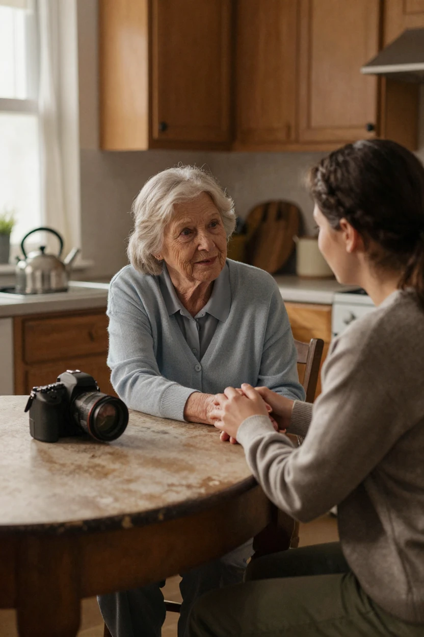 A retired teacher reaching out to help someone in need at a small kitchen table