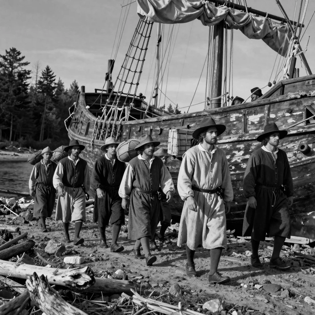 A group of pilgrims arrives at a distant shore beside a weathered wooden ship.